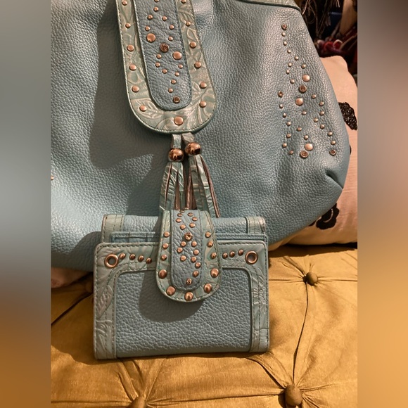 EUC Charm and Luck leather rhinestone studded bag WITH matching wallet 100$ obo - Picture 2 of 8